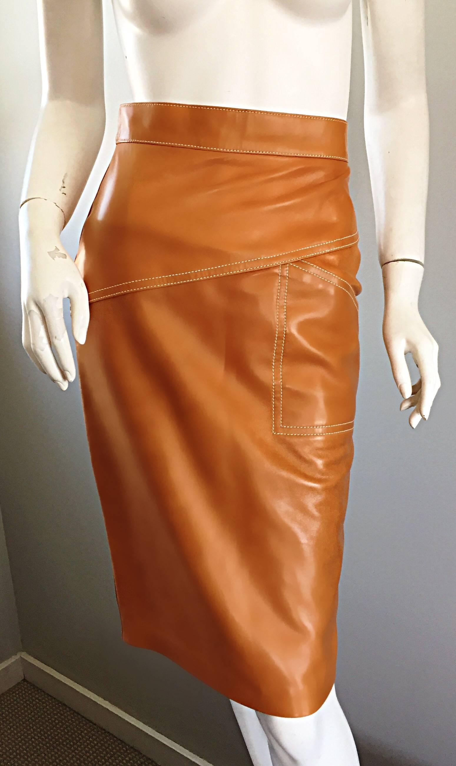 cognac leather pencil skirt
