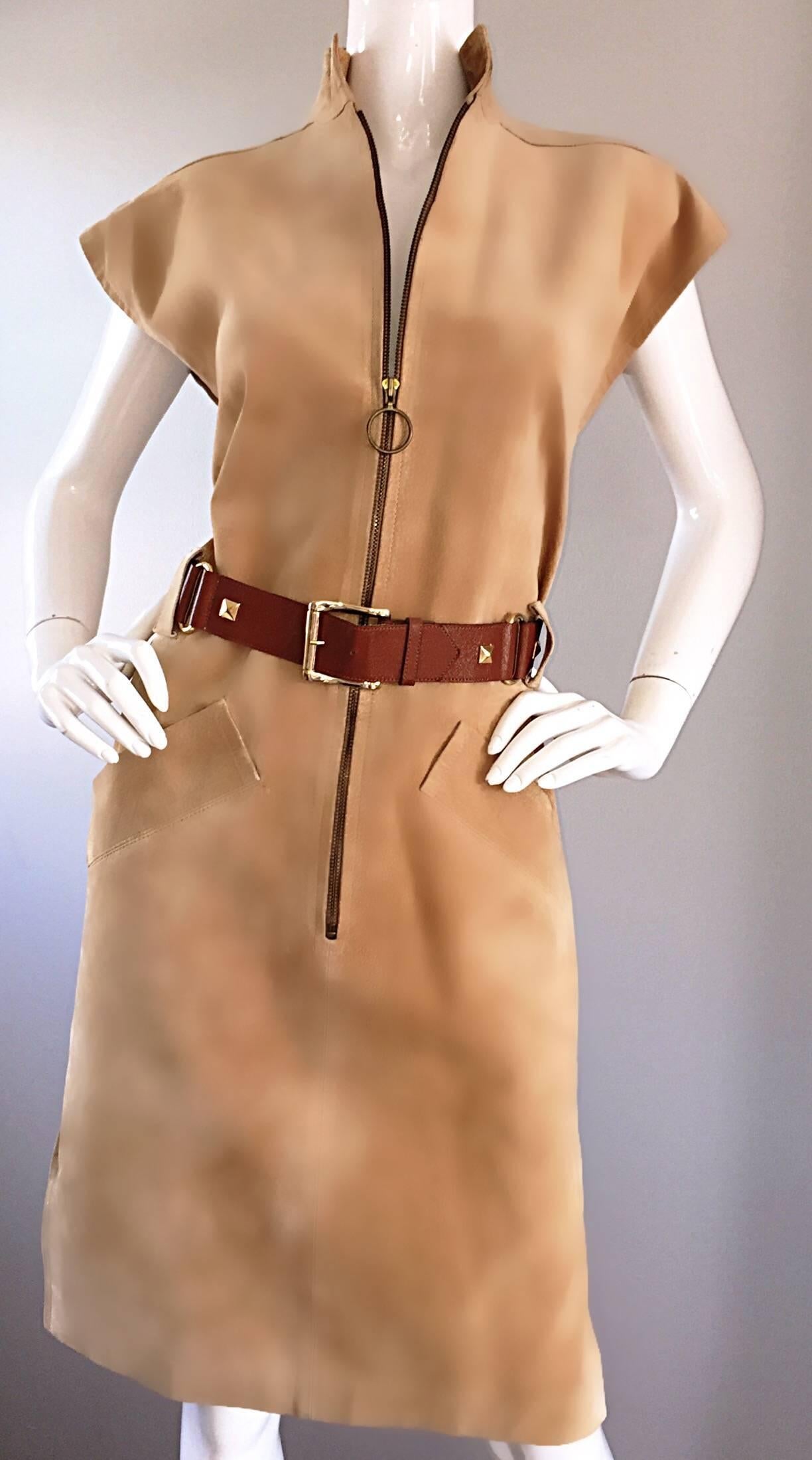 Women's YSL Yves Saint Laurent Rive Gauche 1960s Vintage Leather Suede Tan Belted Dress