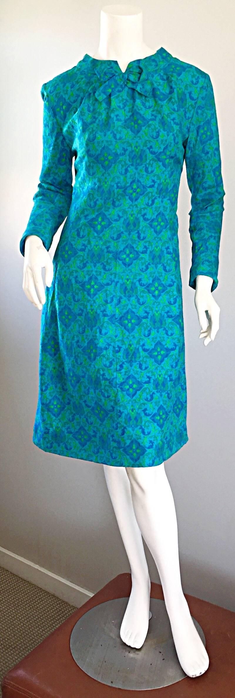 Vintage Yen Yen of Malaya 1960s Teal Blue + Green Long Sleeve A - Line 60s Dress 1