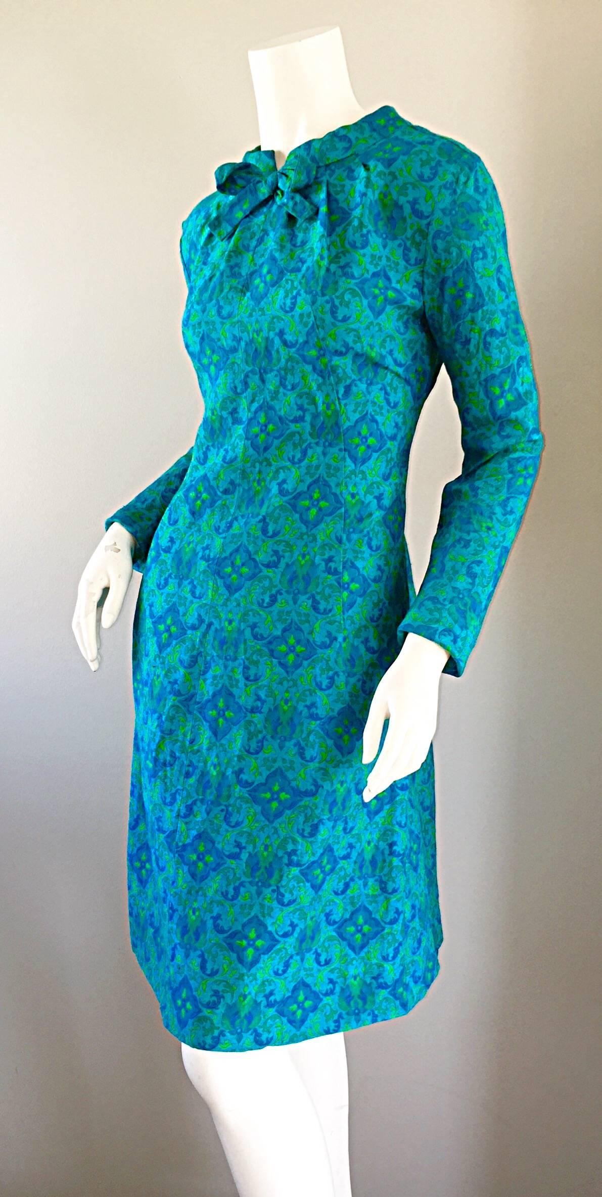 Vintage Yen Yen of Malaya 1960s Teal Blue + Green Long Sleeve A - Line 60s Dress In Excellent Condition In San Diego, CA
