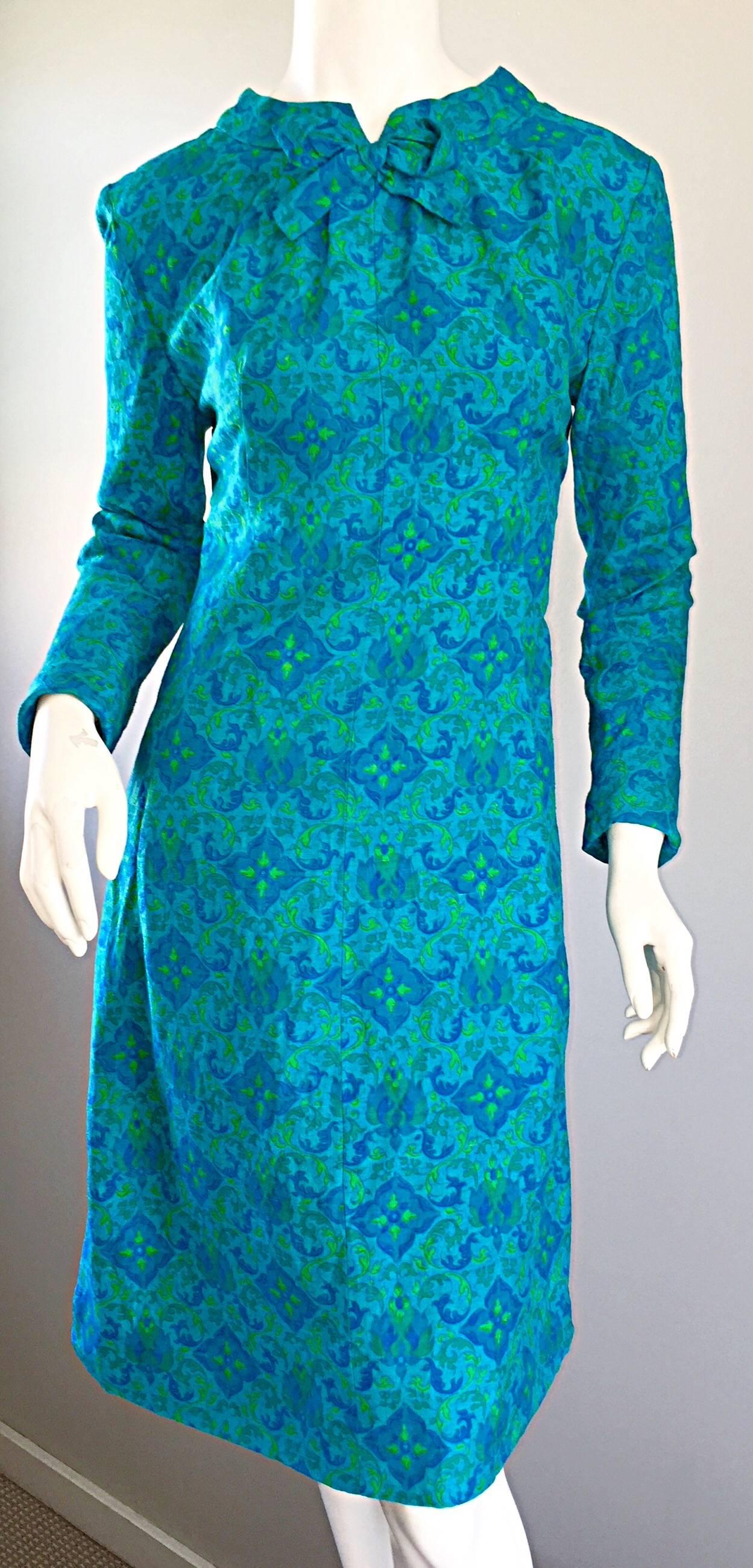 Women's Vintage Yen Yen of Malaya 1960s Teal Blue + Green Long Sleeve A - Line 60s Dress