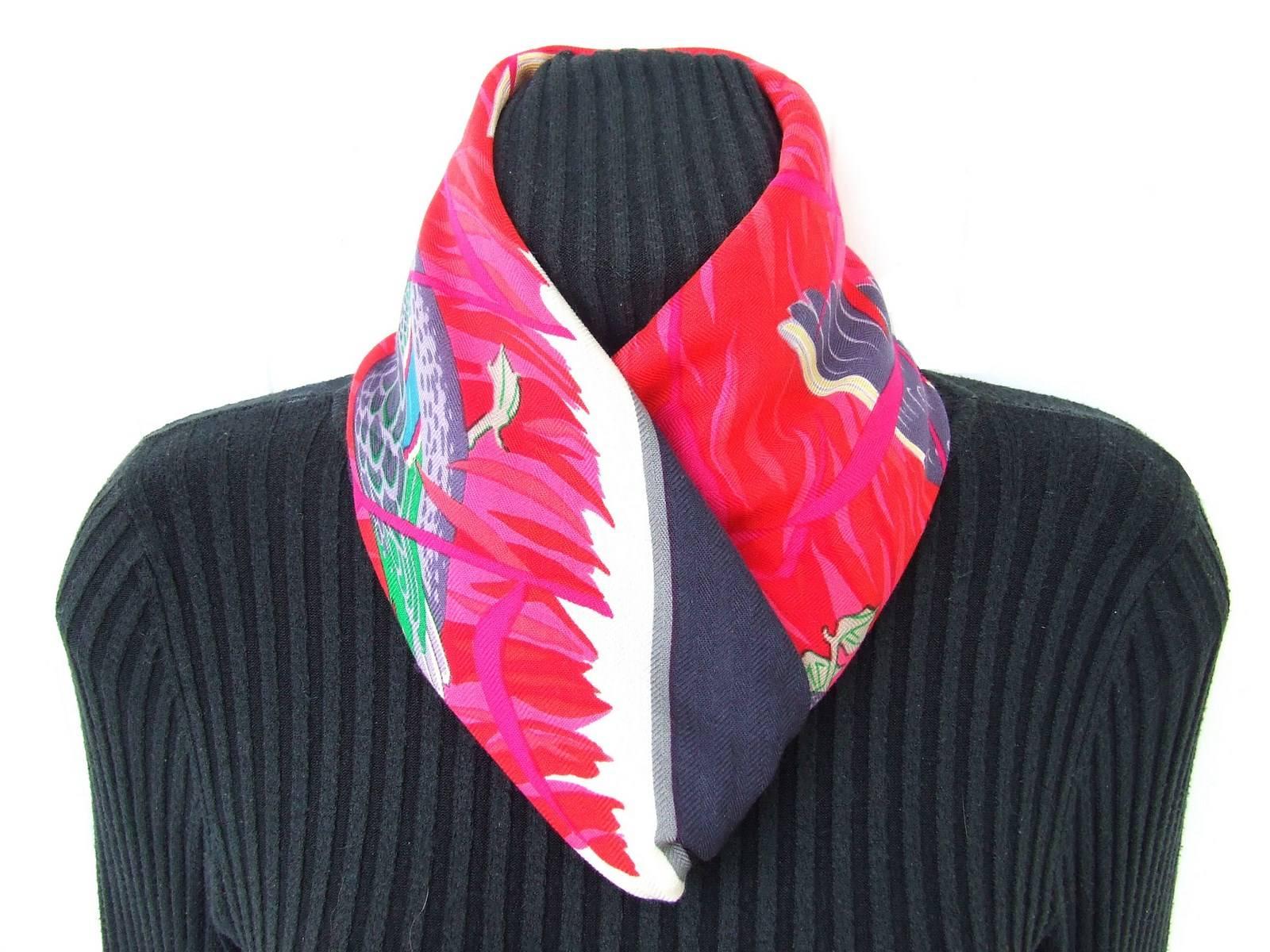 Women's Hermes Scarf Shawl Cashmere and Silk Cols Verts Ducks Red 90 cm