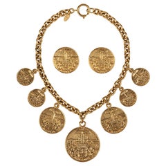 Retro 1970s CHANEL Gold Medallion Coat of Arms Crest Lion Necklace Earring Set