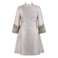 Vintage 1960s BERNETTI Pale Grey Rhinestone Genuine Mink Fur Embellished Dress