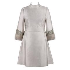 1960s BERNETTI Pale Grey Rhinestone Genuine Mink Fur Embellished Dress 12