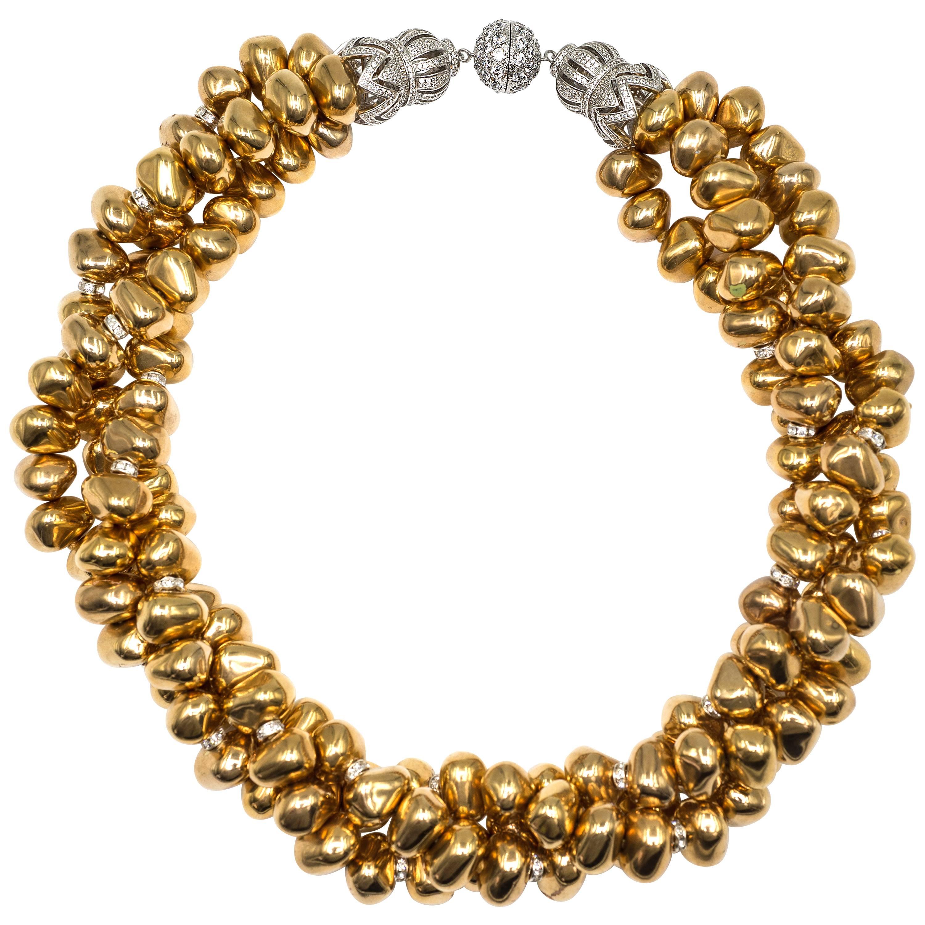 Vintage Gilt Nugget Bead Crystal Rondel Triple Strand Twist Collar Necklace