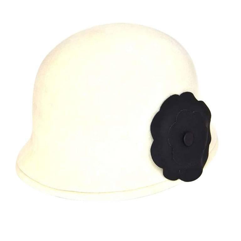 Chanel Ivory Classic Double Rim Cloche Hat with Black Camelia Pin sz.57