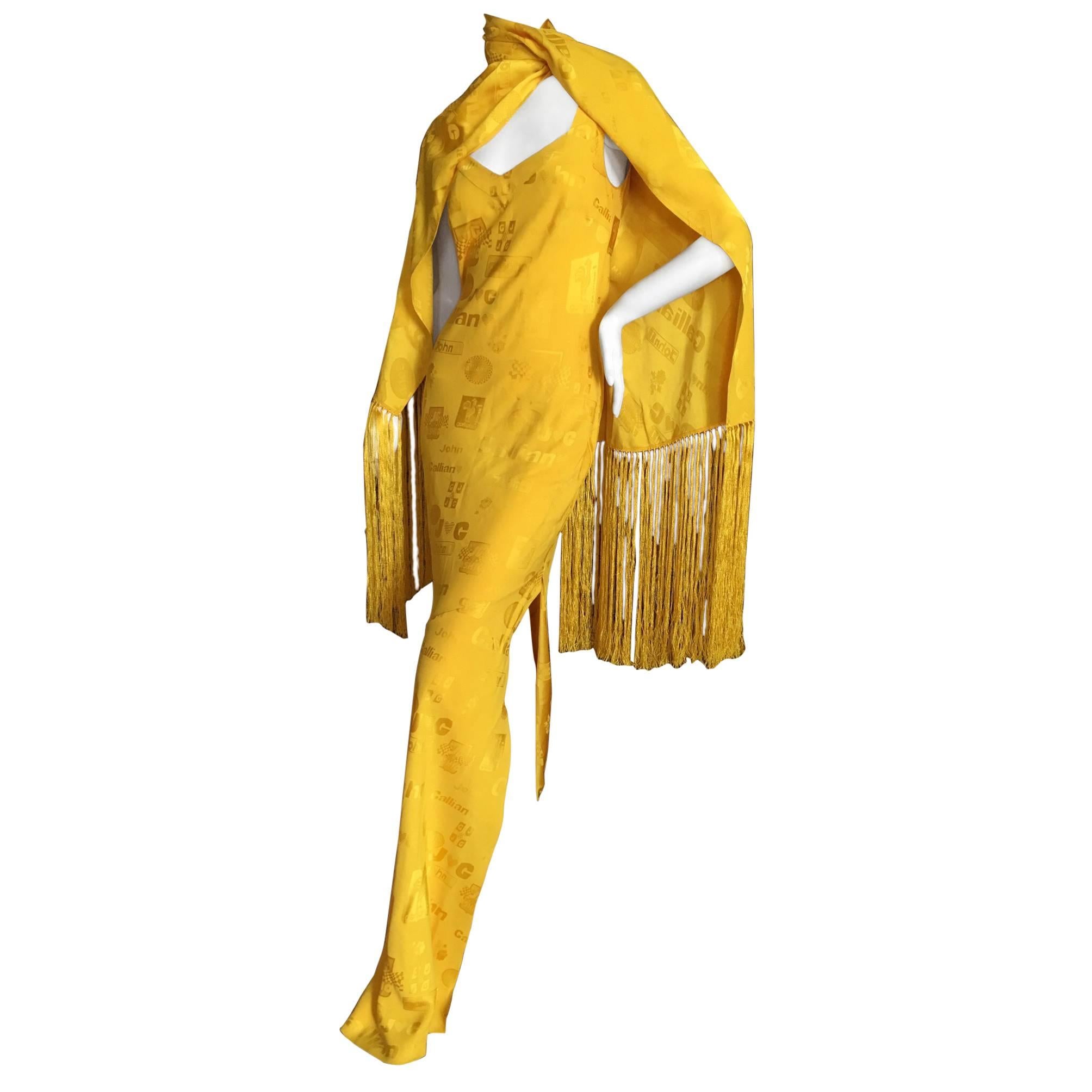 John Galliano 90's Nascar Logo Bias Cut Dress with Matching Fringe Shawl For Sale
