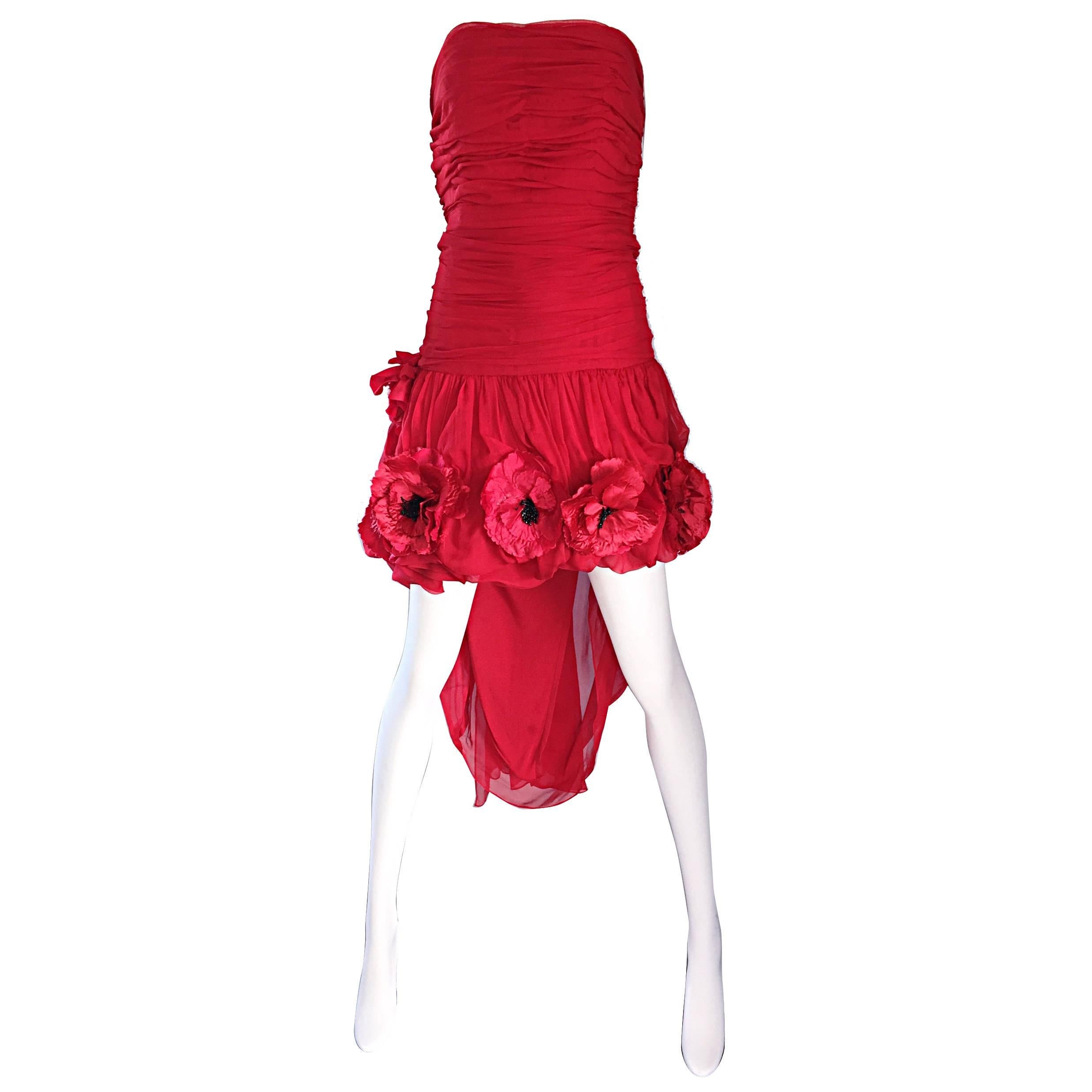 Vintage Christian Lacroix Lipstick Red Chiffon Strapless High - Lo Poppy Dress
