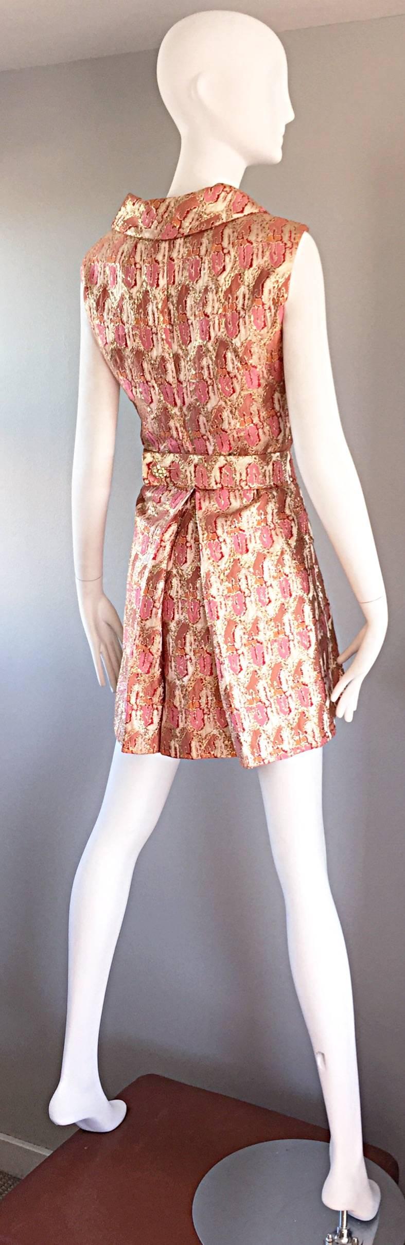 Beautiful vintage 60s LILLIE RUBIN silk brocade belted shirt dress! Features a stunning pink, gold and silver silk metallic brocade. Rhinestone buttons up the bodice. Detachable matching belt. Collar can be worn down or flipped up. Perfect for day