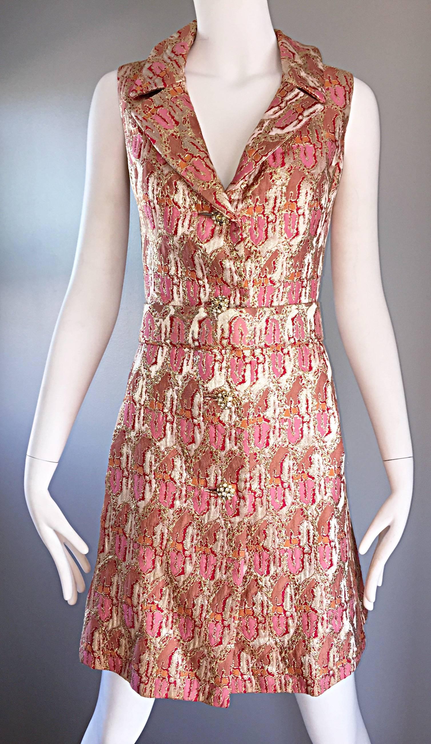 Lillie Rubin 1960s Silk Brocade Pink Gold Silver Rhinestone Belted Vintage Dress In Excellent Condition For Sale In San Diego, CA