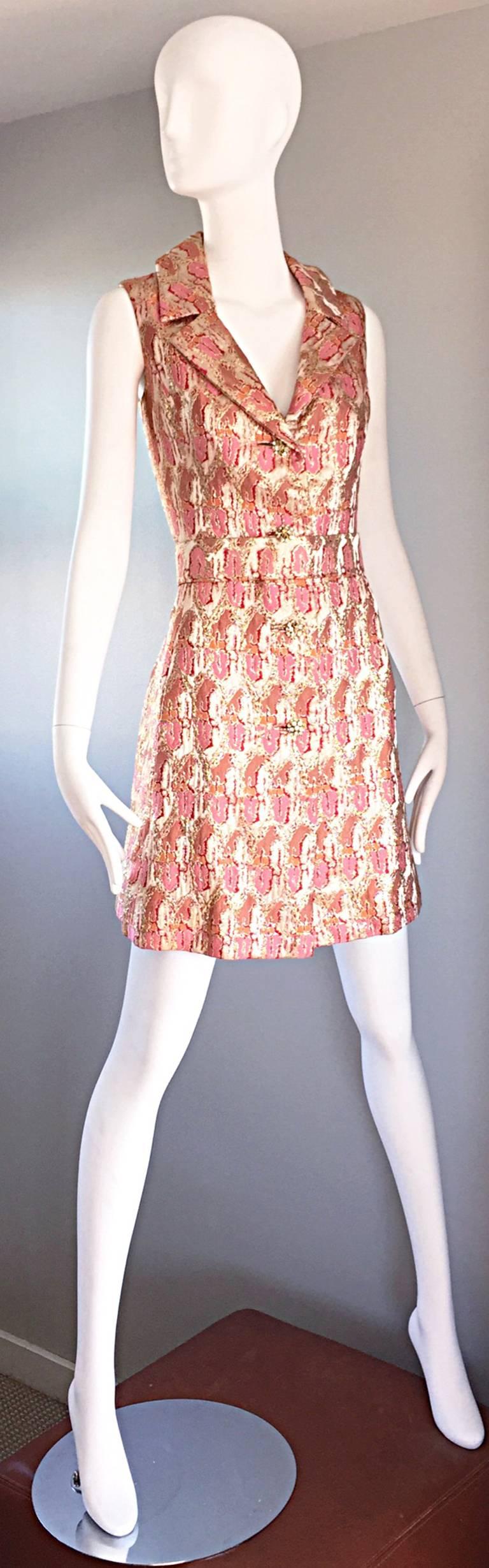 Brown Lillie Rubin 1960s Silk Brocade Pink Gold Silver Rhinestone Belted Vintage Dress For Sale