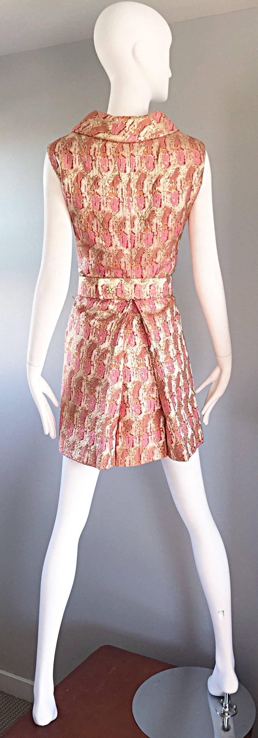 Women's Lillie Rubin 1960s Silk Brocade Pink Gold Silver Rhinestone Belted Vintage Dress For Sale
