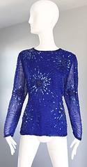 Beautiful Vintage Oleg Cassini Royal Blue Silk Chiffon Sequin Beaded Blouse Top