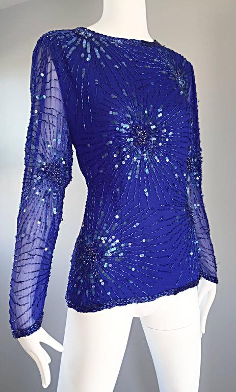 beautiful royal blue satin blouse with sequin collar main image 1