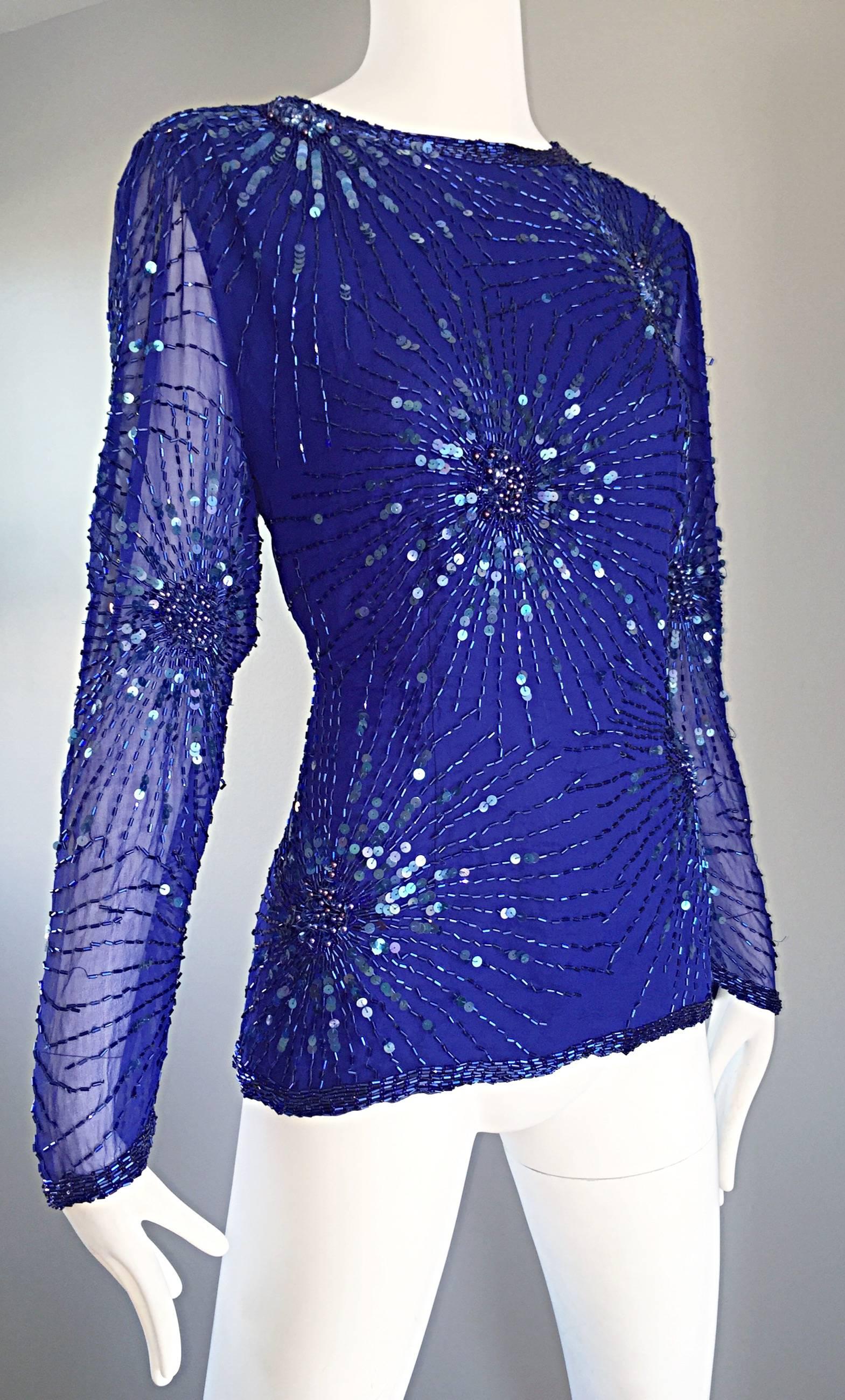 Women's Beautiful Vintage Oleg Cassini Royal Blue Silk Chiffon Sequin Beaded Blouse Top