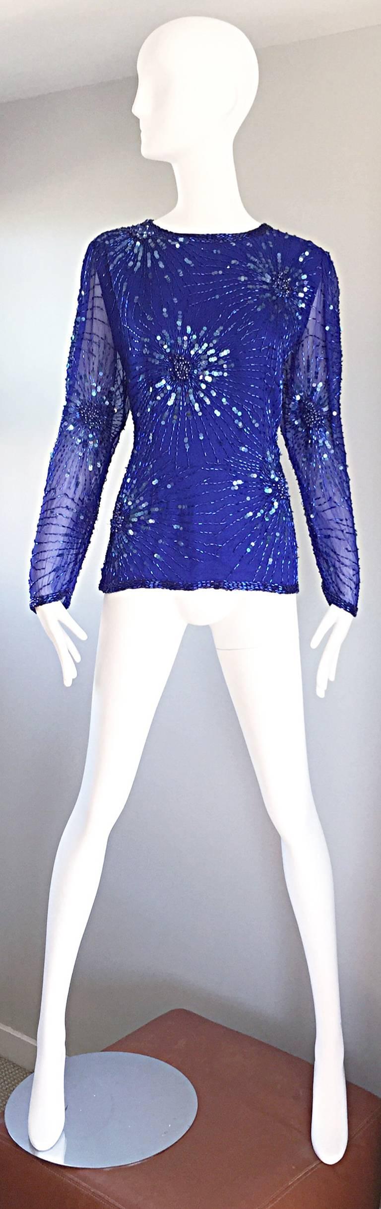 Beautiful Vintage Oleg Cassini Royal Blue Silk Chiffon Sequin Beaded Blouse Top In Excellent Condition In San Diego, CA