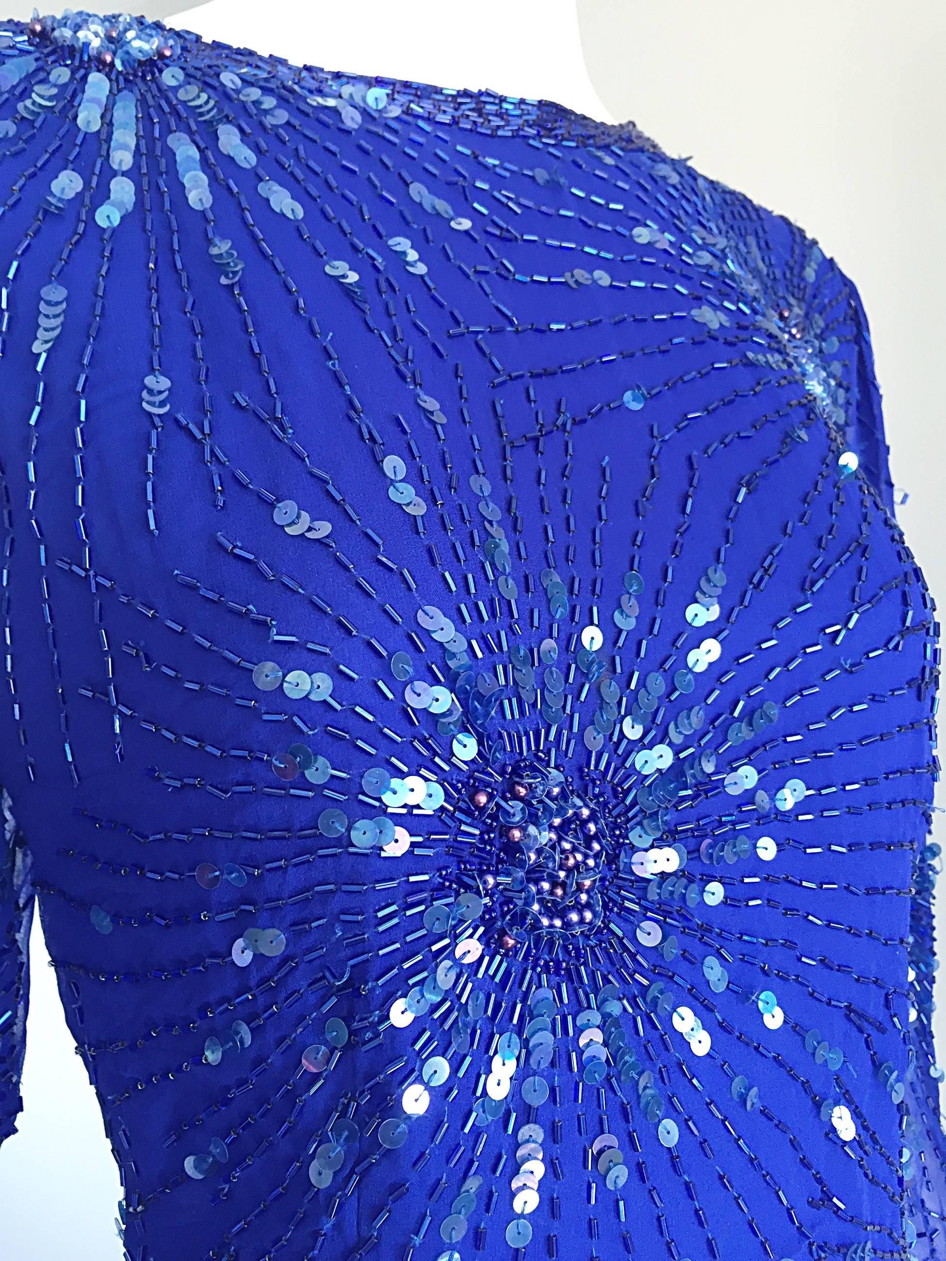 Beautiful Vintage Oleg Cassini Royal Blue Silk Chiffon Sequin Beaded Blouse Top 2