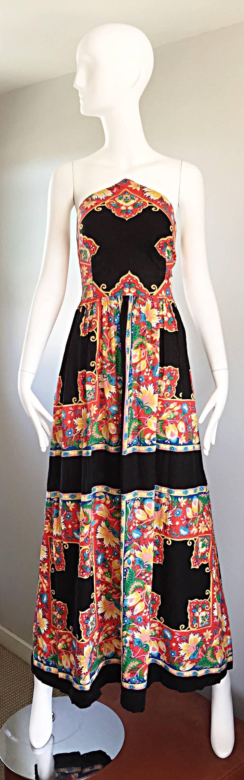 1970s Boho Vintage Handkerchief Triangular 70s Black Colorful Hippie Maxi Dress In Excellent Condition In San Diego, CA