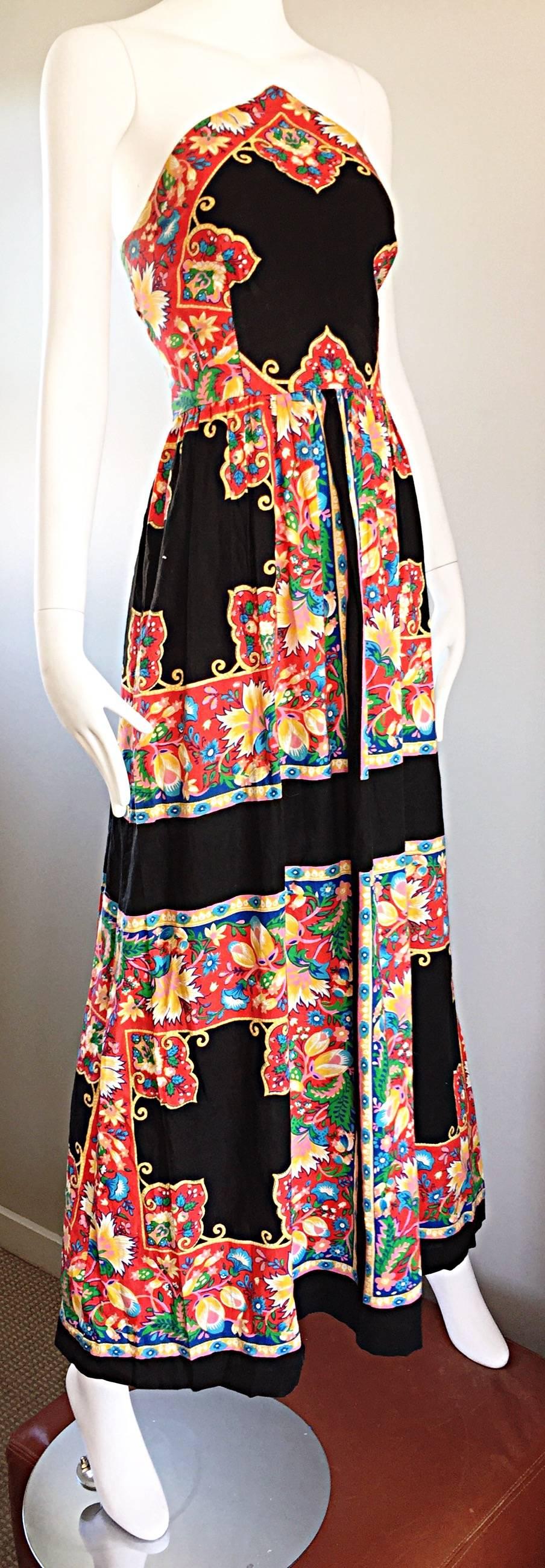 Beige 1970s Boho Vintage Handkerchief Triangular 70s Black Colorful Hippie Maxi Dress