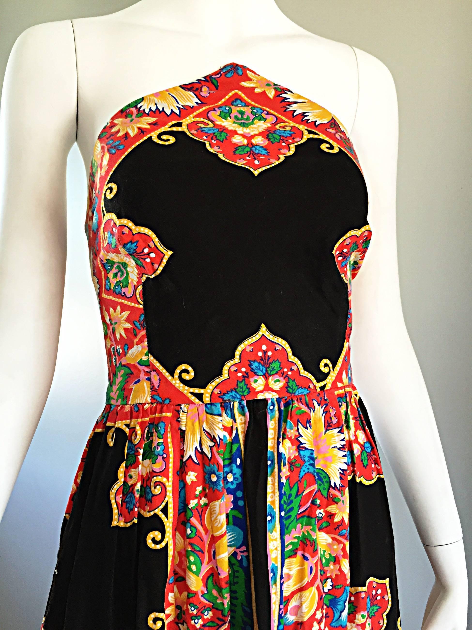 1970s Boho Vintage Handkerchief Triangular 70s Black Colorful Hippie Maxi Dress 2