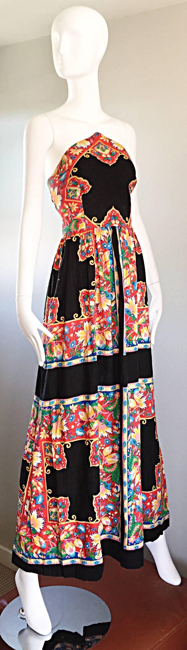 Women's 1970s Boho Vintage Handkerchief Triangular 70s Black Colorful Hippie Maxi Dress