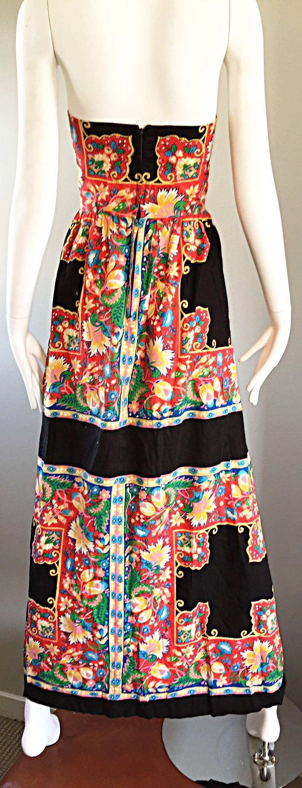 1970s Boho Vintage Handkerchief Triangular 70s Black Colorful Hippie Maxi Dress 3