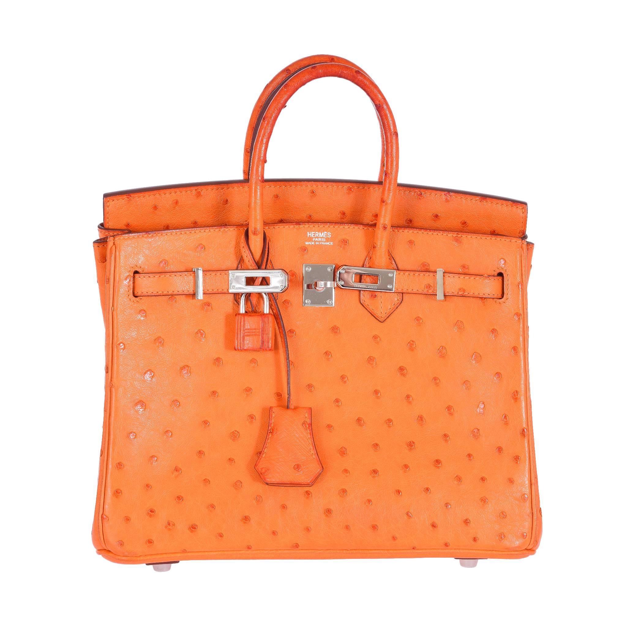 Hermes Birkin Bag 25cm Birkin Ostrich Orange with Palladium Hardware JaneFinds For Sale