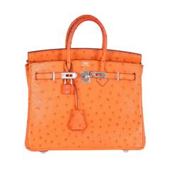 Hermes Birkin Bag 25cm Birkin Ostrich Orange with Palladium Hardware JaneFinds