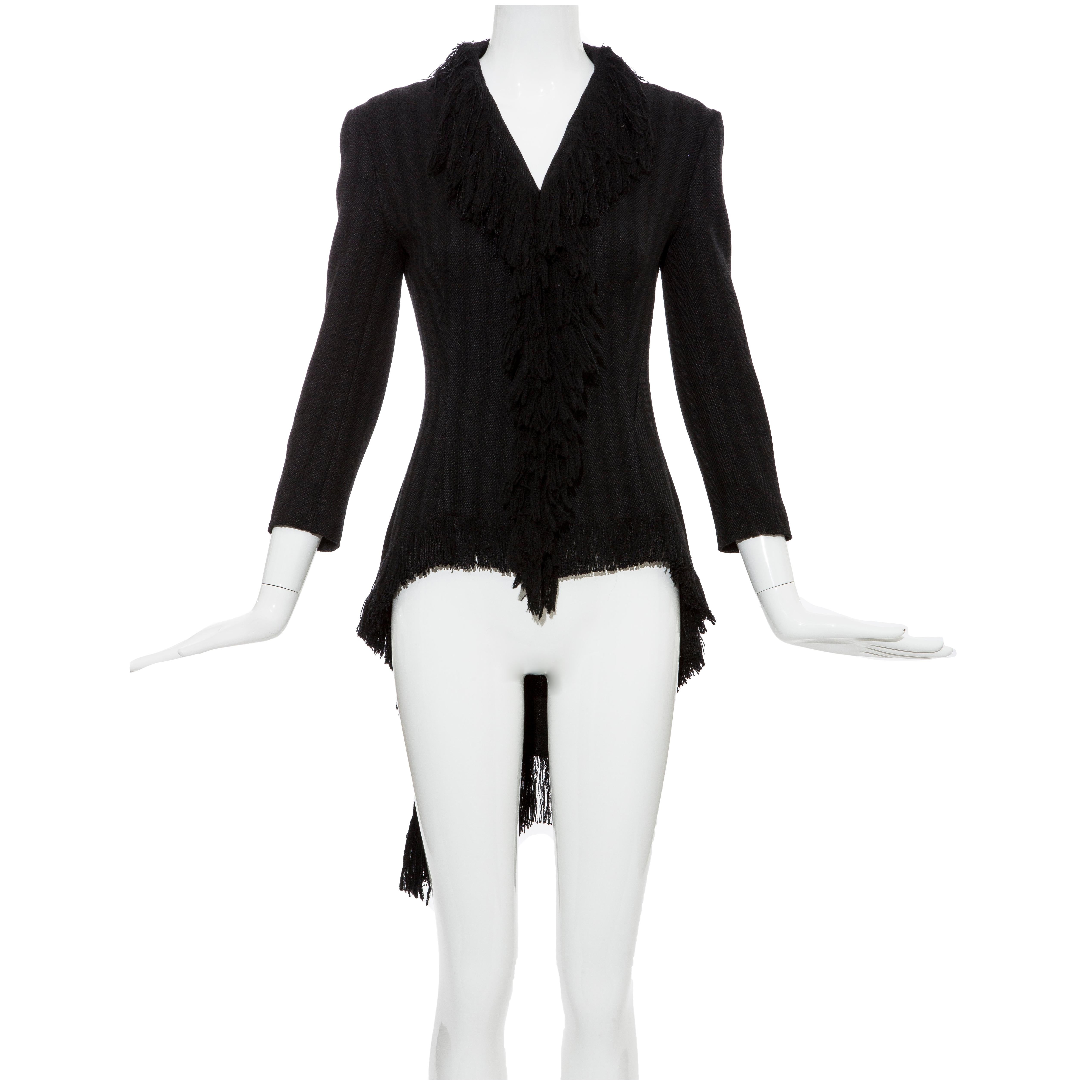 Yohji Yamamoto Black Silk Wool Tweed Cutaway Jacket With Fringe Trim, Fall 2013 For Sale