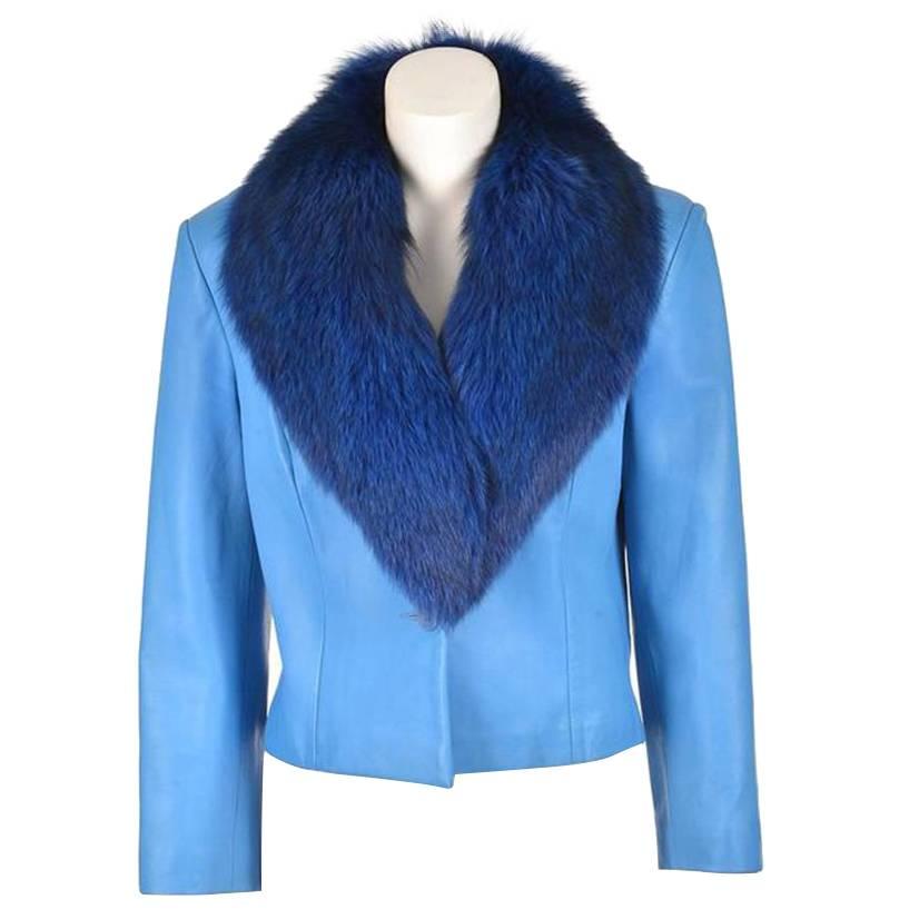 1990s Michael Hoban Blue Leather and Fox Fur Jacket For Sale