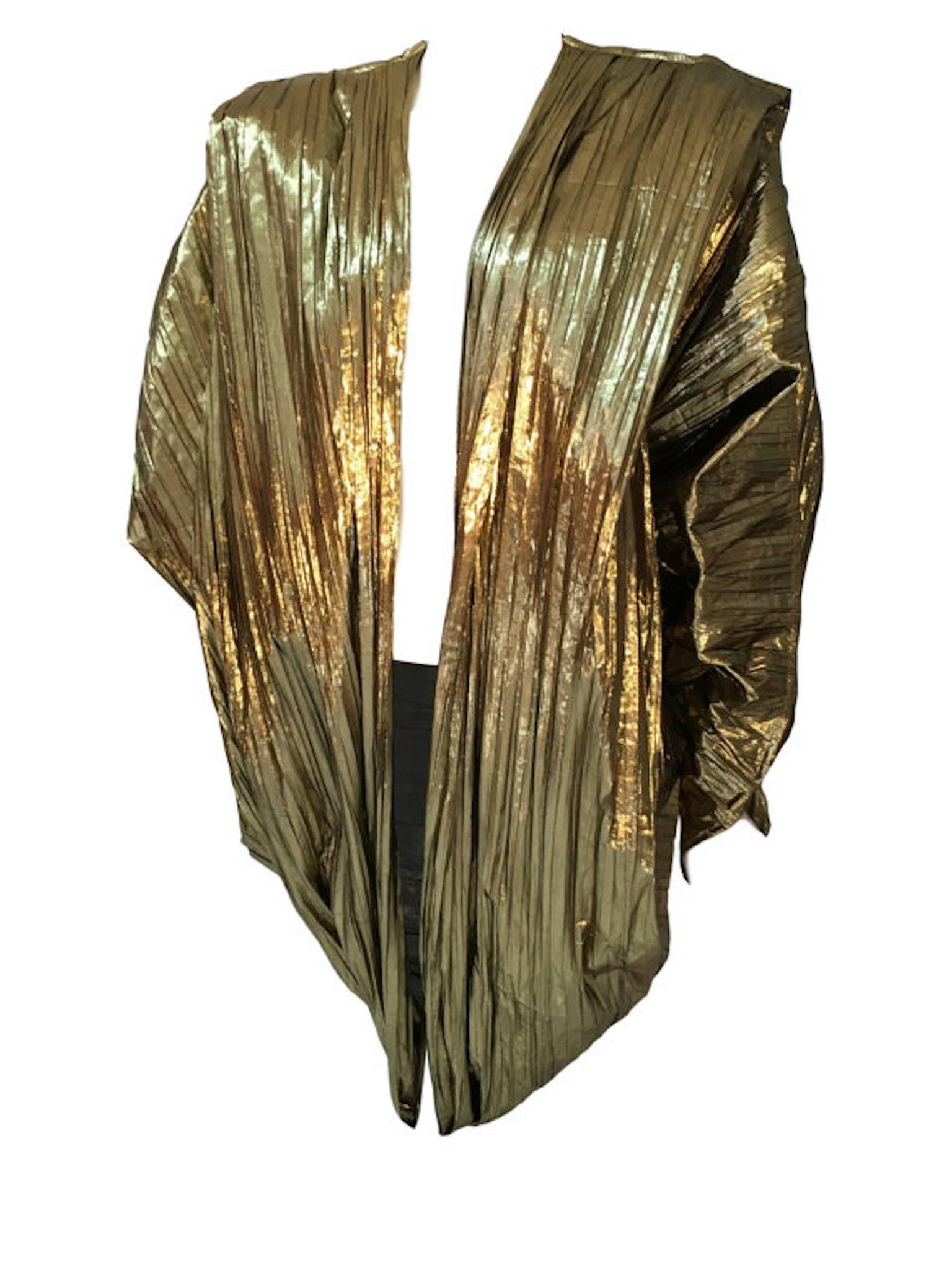 Brown La Palme Vintage Gold Pleated Metallic Cocoon Evening Jacket 1980s Free Size For Sale
