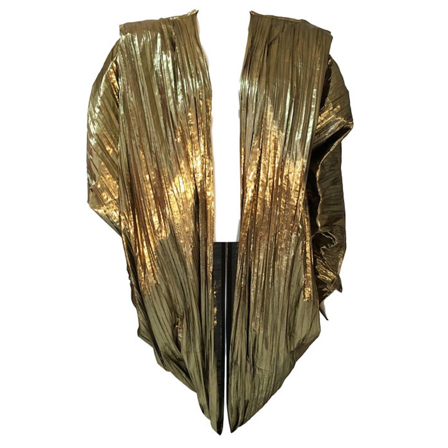 La Palme Vintage Gold Pleated Metallic Cocoon Evening Jacket 1980s Free Size For Sale