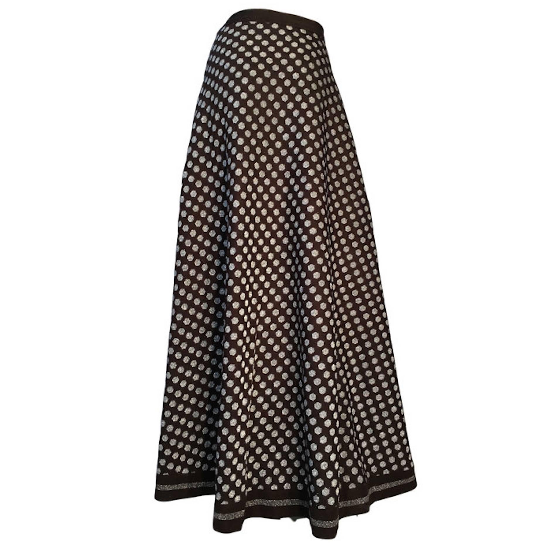 Vintage 1970s Lanvin At Rembrandt Brown & Silver Polka Dot Maxi Skirt Size UK 12 For Sale