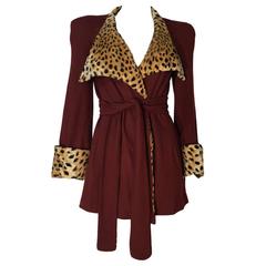 Vintage 1970s Biba Art Deco Inspired Wool & Faux Leopard Fur Trim Jacket UK 8/10