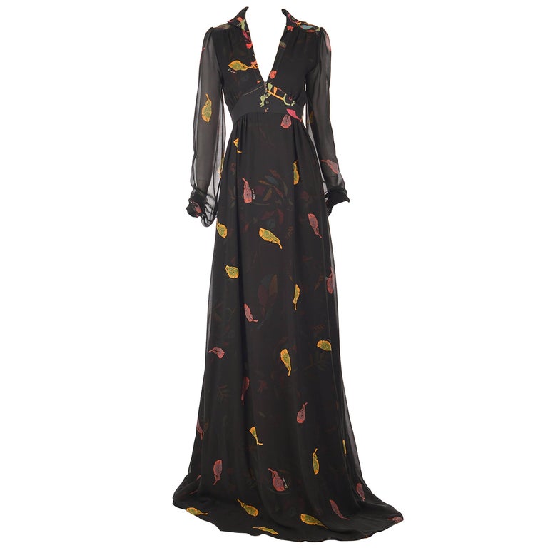  Ossie Clark Black Silk Empire Feather Print Gown, 2008 For Sale