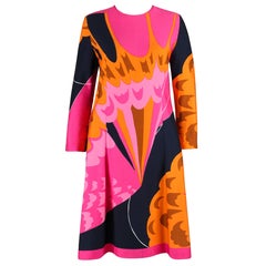 HENAE MORI 1970s Pink Orange Multicolor Abstract Print Long Sleeve Shift Dress