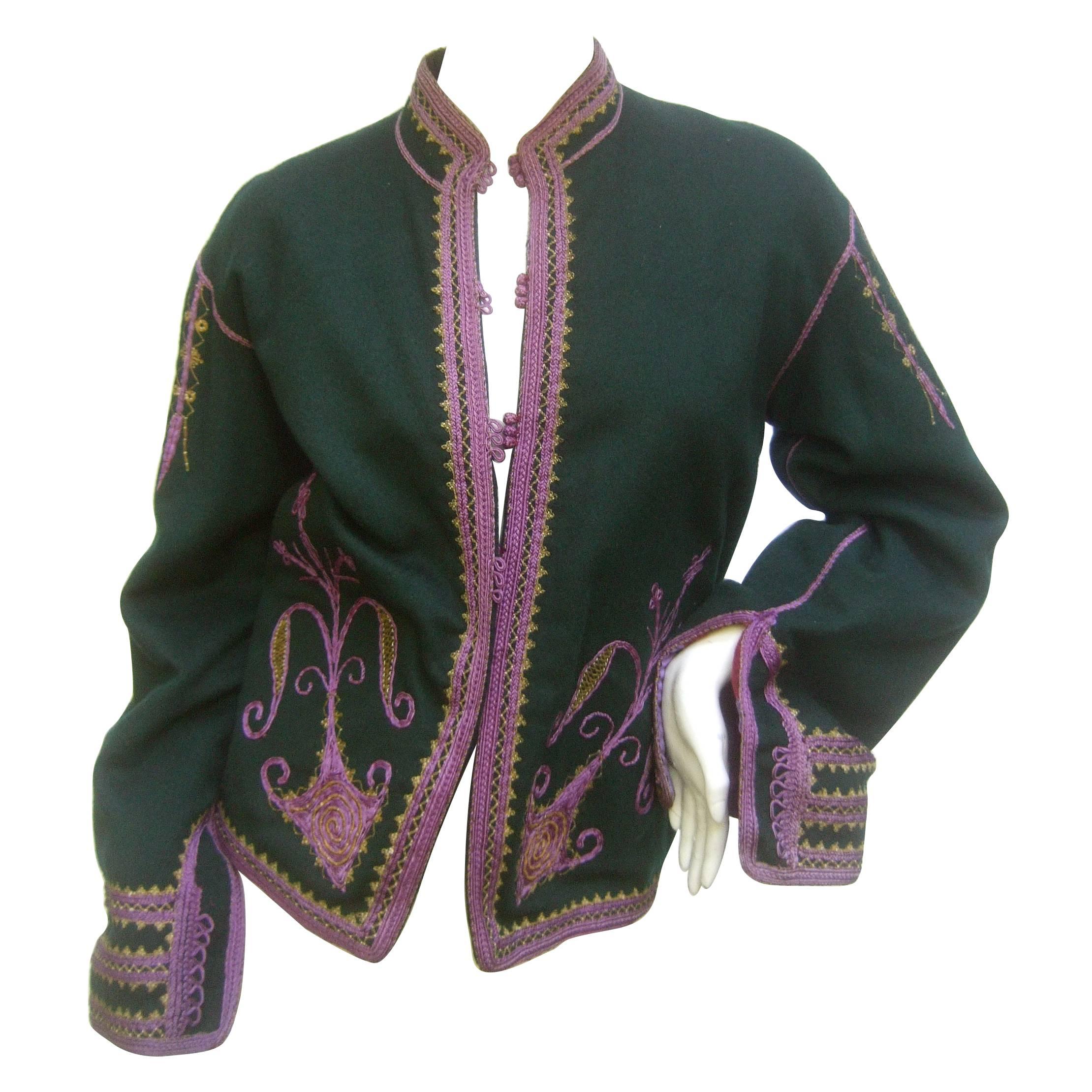 Exotic Embroidered Green Wool Jacket c 1970s For Sale