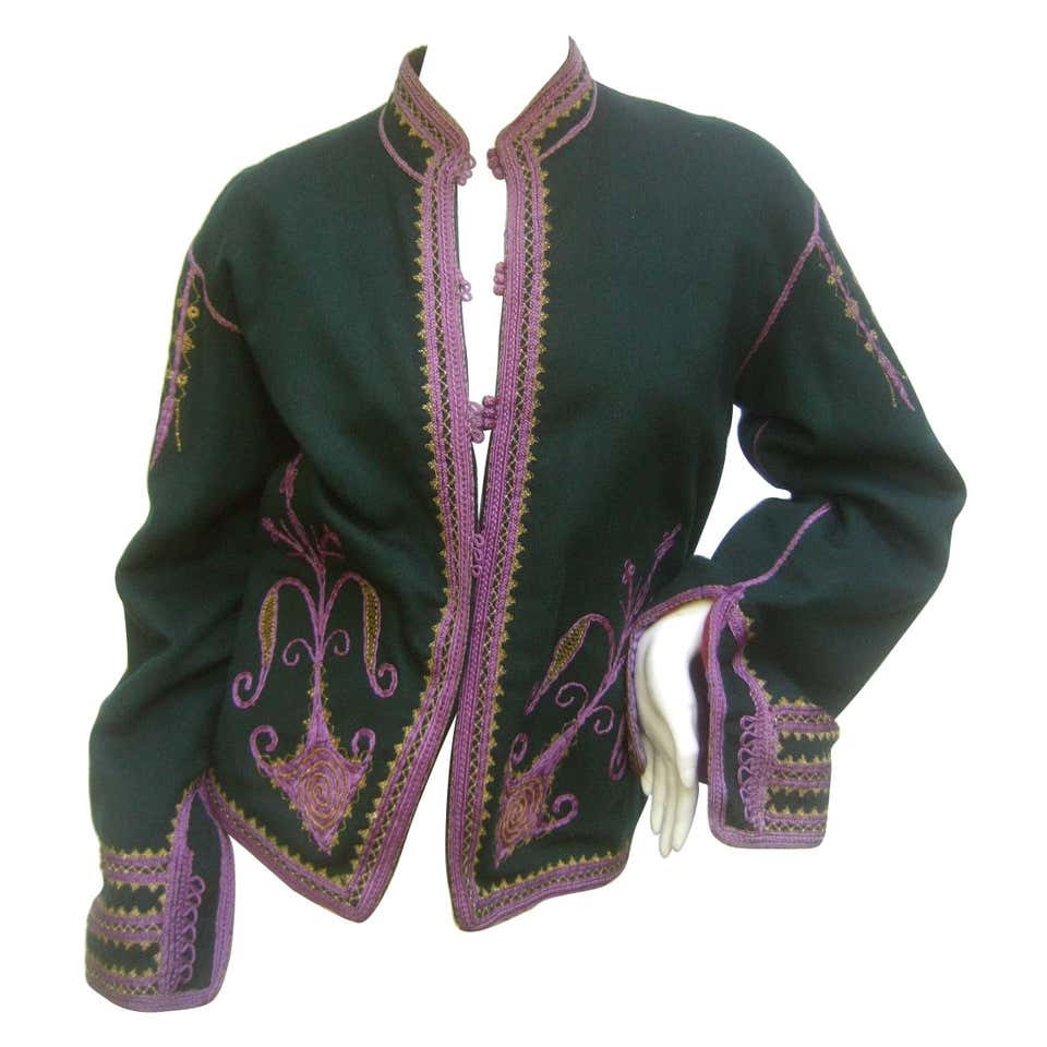 Exotic Embroidered Green Wool Jacket c 1970s For Sale at 1stDibs