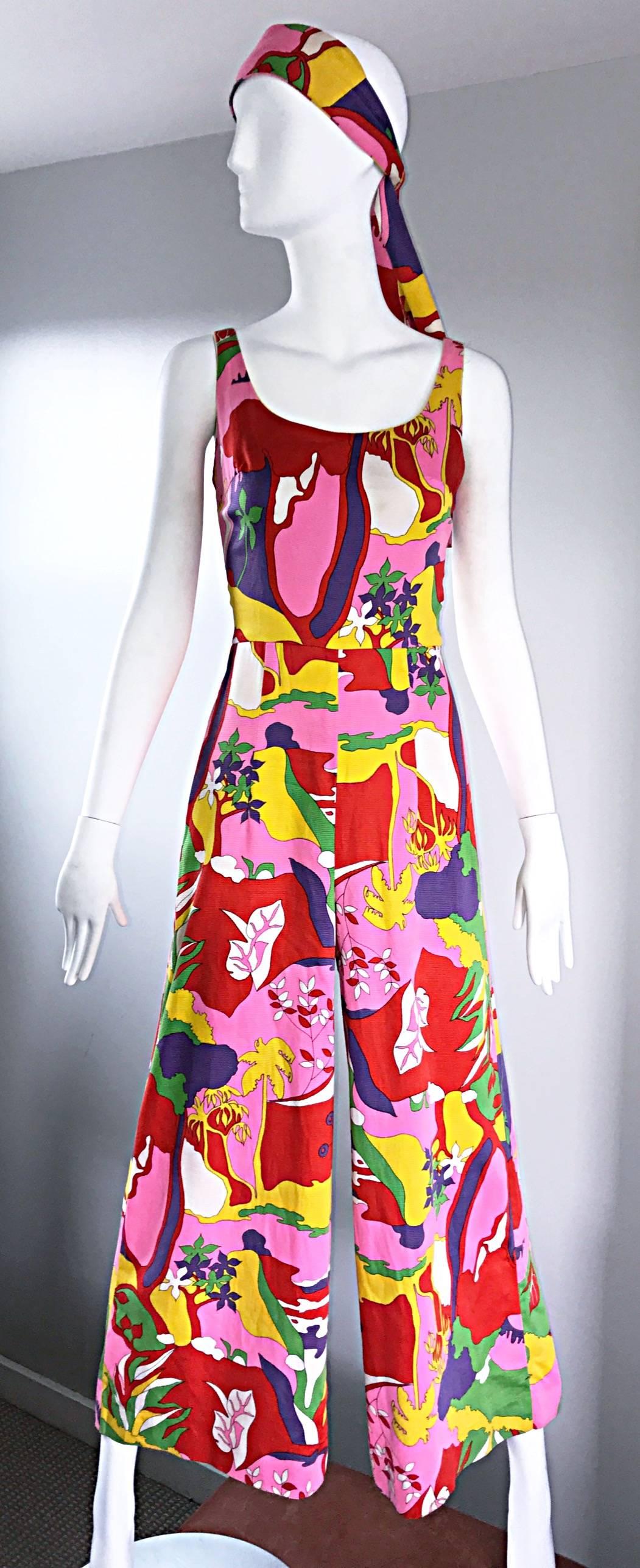 Amazing 1970s Colorful Tropical Print Vintage 70s Pink Cotton Jumpsuit w/ Sash  In Excellent Condition In San Diego, CA