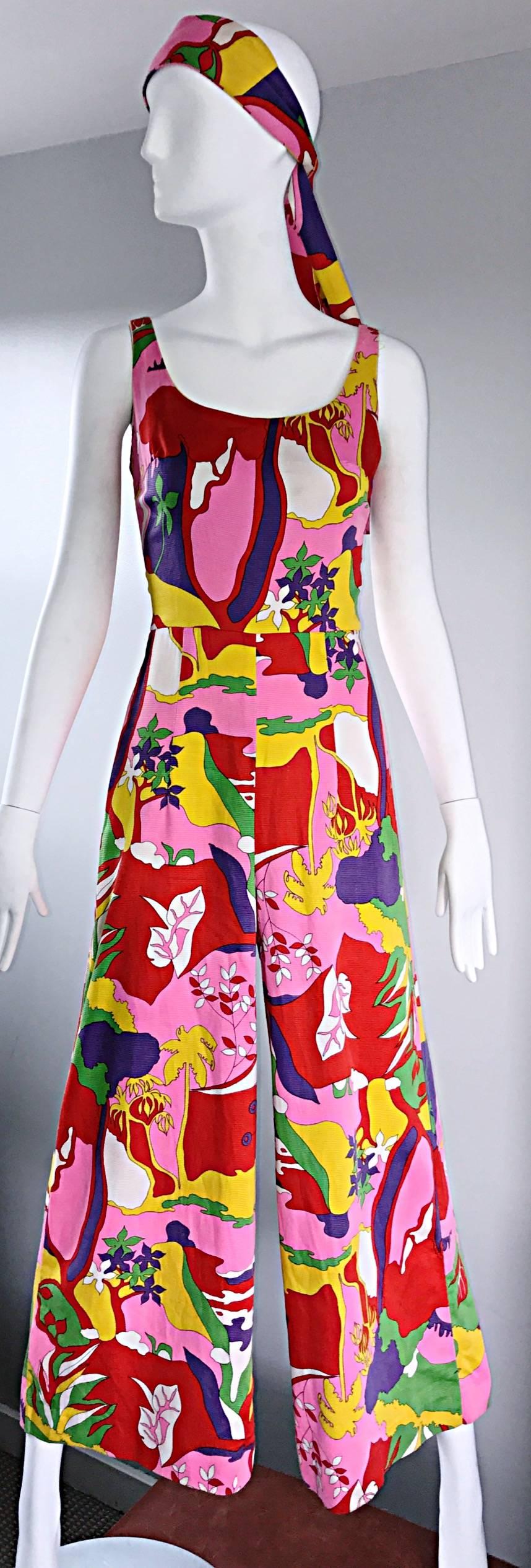 Amazing 1970s Colorful Tropical Print Vintage 70s Pink Cotton Jumpsuit w/ Sash  3