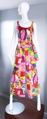 Amazing 1970s Colorful Tropical Print Vintage 70s Pink Cotton Jumpsuit w/ Sash