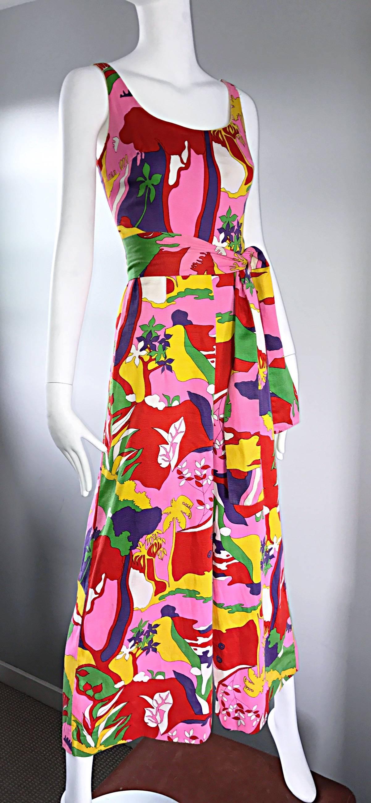 Women's Amazing 1970s Colorful Tropical Print Vintage 70s Pink Cotton Jumpsuit w/ Sash 