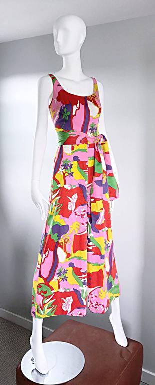Amazing 1970s Colorful Tropical Print Vintage 70s Pink Cotton Jumpsuit ...
