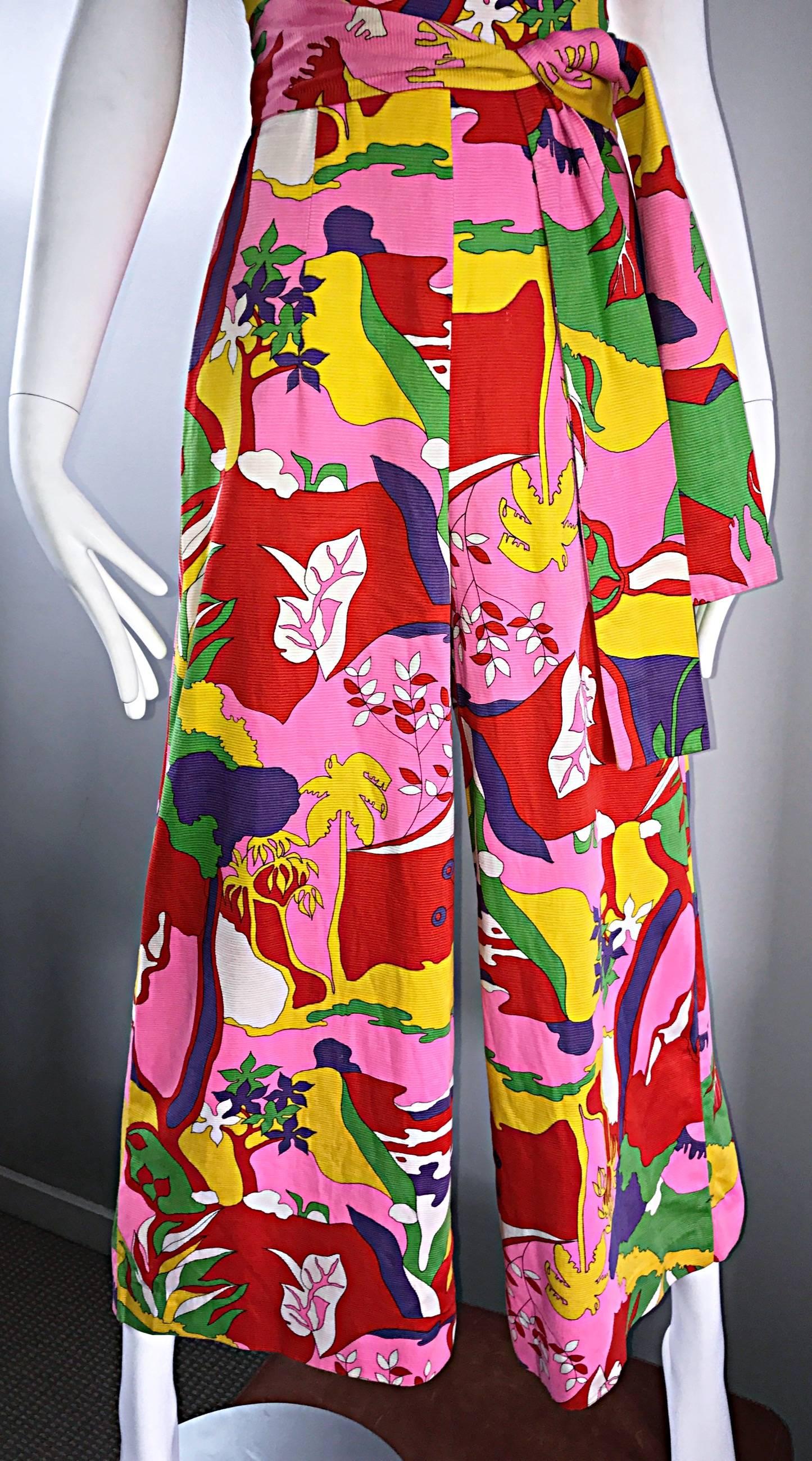 Amazing 1970s Colorful Tropical Print Vintage 70s Pink Cotton Jumpsuit w/ Sash  4