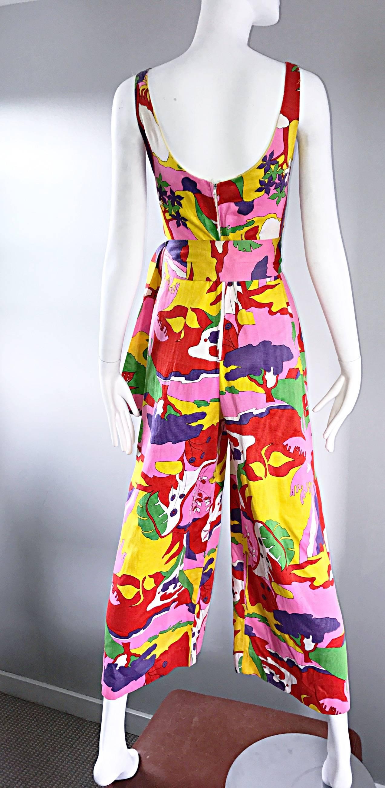 Amazing 1970s Colorful Tropical Print Vintage 70s Pink Cotton Jumpsuit w/ Sash  5
