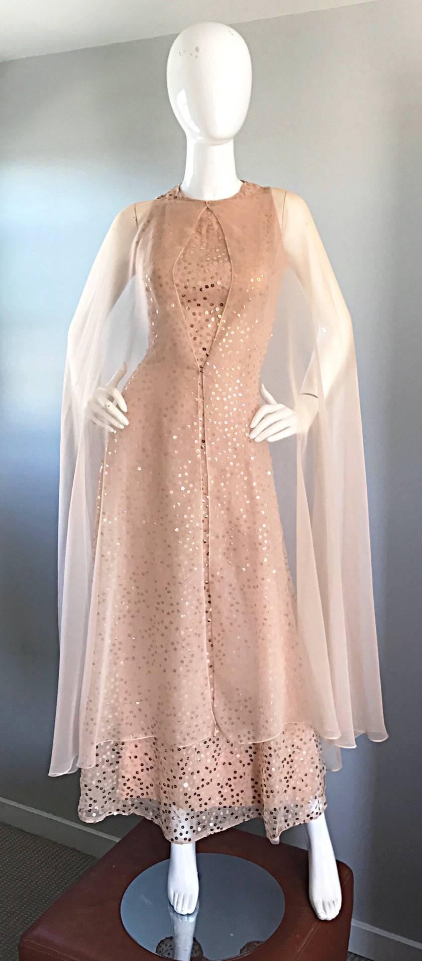 Women's Pat Sandler Vintage 1960s Nude Silk Chiffon Sequined 60s Gown w/ Attached Cape