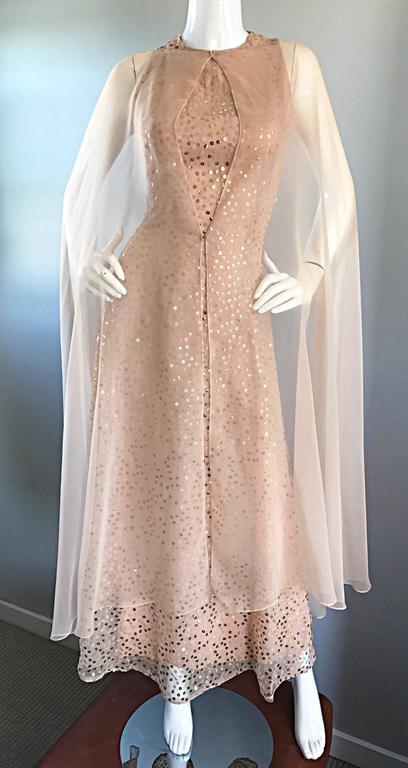 Pat Sandler Vintage 1960s Nude Silk Chiffon Sequined 60s Gown w/ Attached Cape In Excellent Condition For Sale In San Diego, CA