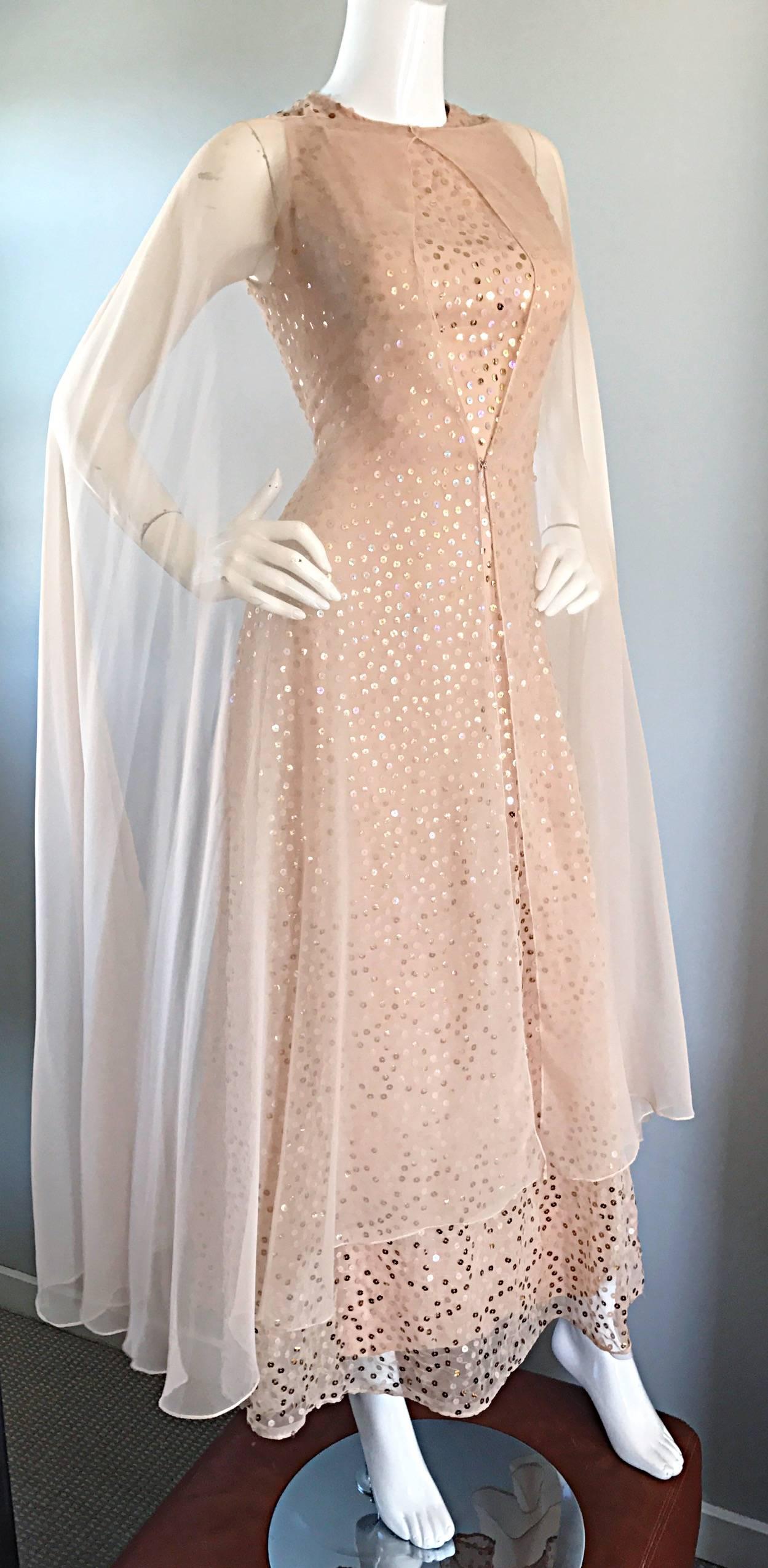 Beige Pat Sandler Vintage 1960s Nude Silk Chiffon Sequined 60s Gown w/ Attached Cape