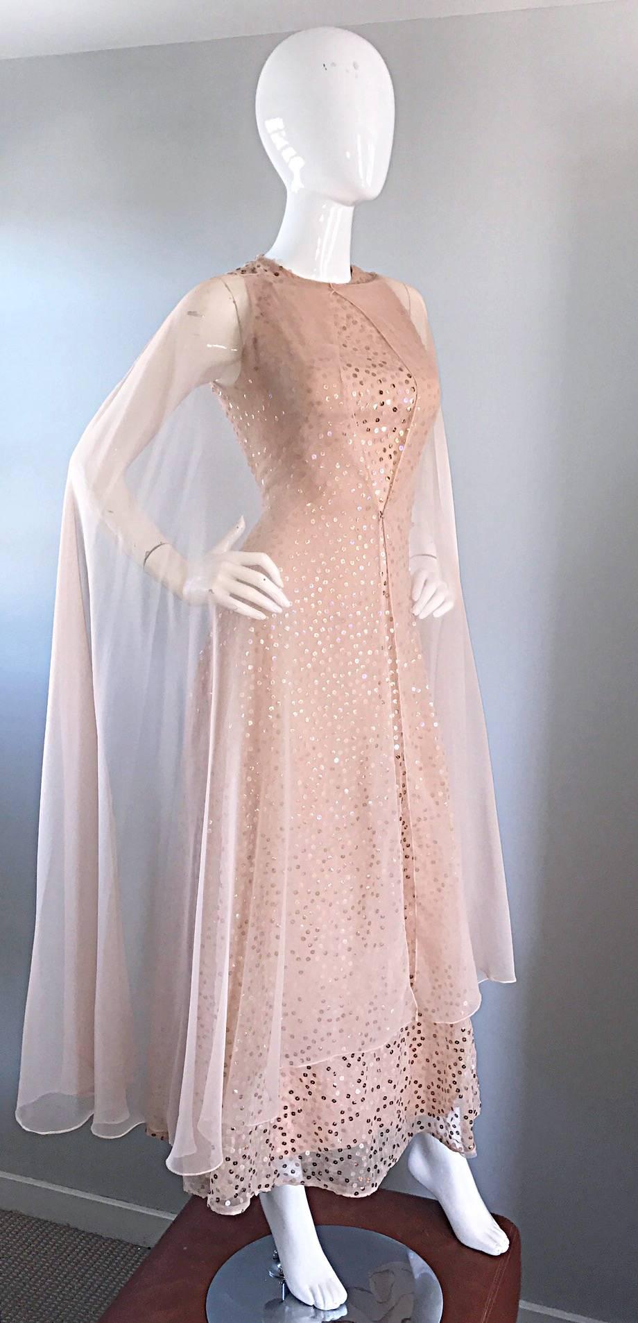 Pat Sandler Vintage 1960s Nude Silk Chiffon Sequined 60s Gown w/ Attached Cape 1